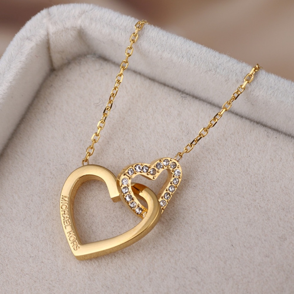 Michael Kors Double Heart Crystal Gold Necklace - Picture 2 of 8